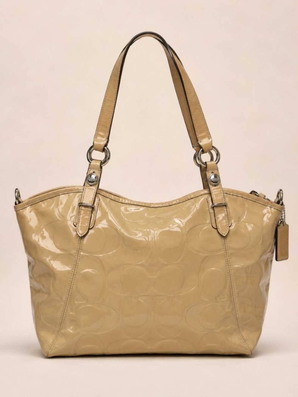 Coach Gallery Patent Leather Tote Crossbody Bag Golden Beige Purple Lining F1875